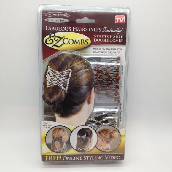 EZ Combs Stretchable Double Combs 2 PC Set in Dazzling Silver and Caramel Bronze - Picture 1 of 2
